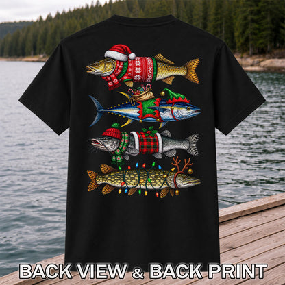 Christmas Fish in Festive Sweaters Fishing Graphic T-Shirt | Back Print
