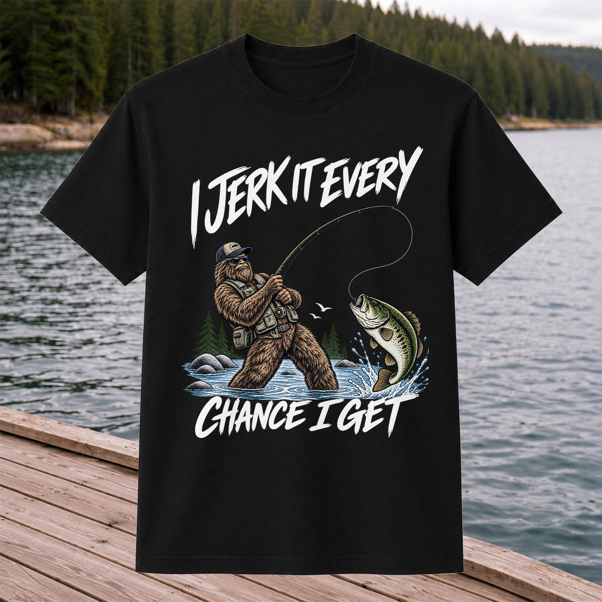 Jerk It Every Chance I Get Bigfoot Fishing Graphic T-Shirt
