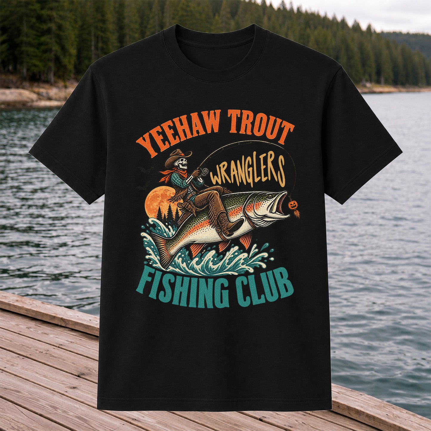 Yeehaw Trout Wranglers Fishing Club Cowboy Skeleton T-Shirt
