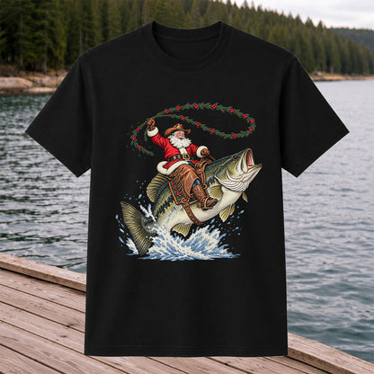 Cowboy Santa Riding a Jumping Bass Christmas Fishing Graphic T-Shirt