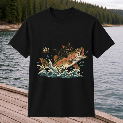 Black Cat Riding a Trout Ocean Wave Fishing Graphic T-Shirt
