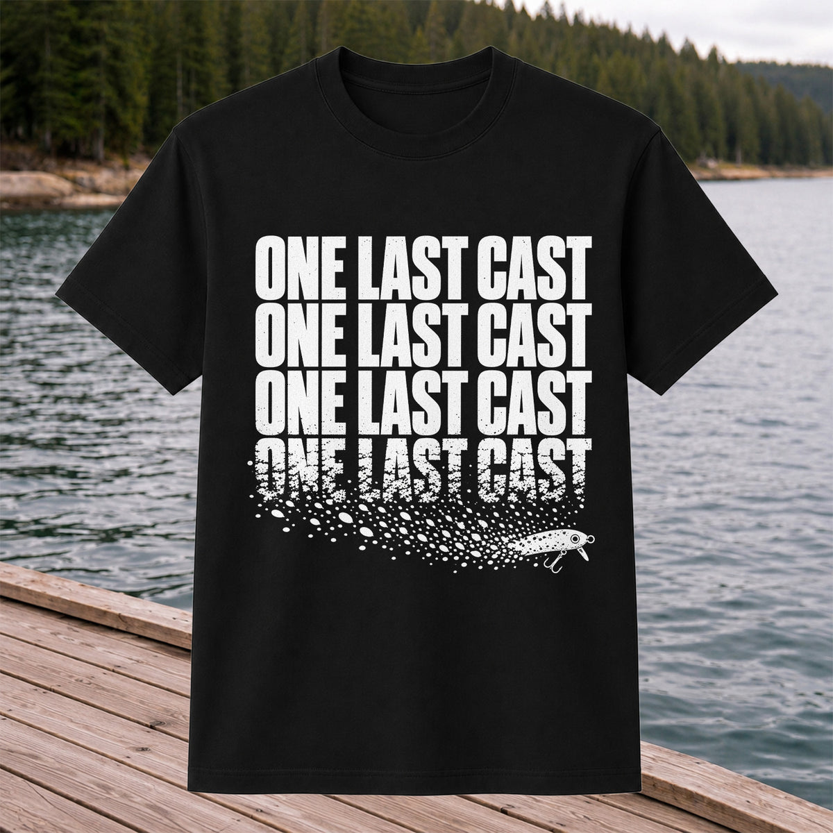 One Last Cast Repeating Fishing Lure Graphic T-Shirt