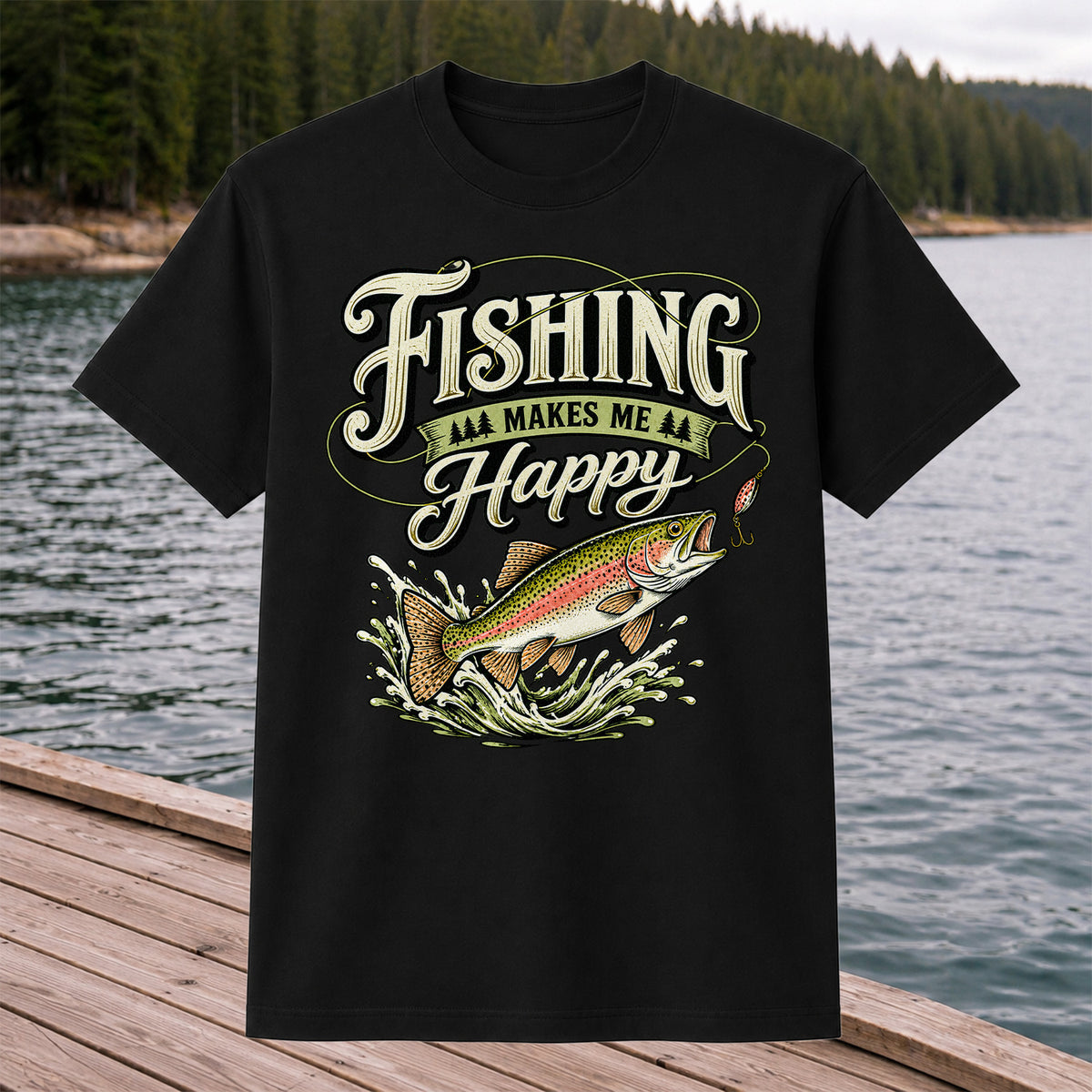 Fishing Makes Me Happy Rainbow Trout Vintage Graphic T-Shirt