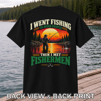 Sunset Fisherman Fishing Humor Graphic T-Shirt | Back Print