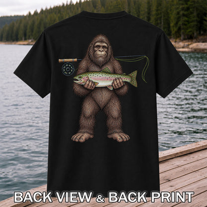 Bigfoot Holding Rainbow Trout Fly Fishing Graphic T-Shirt | Back Print