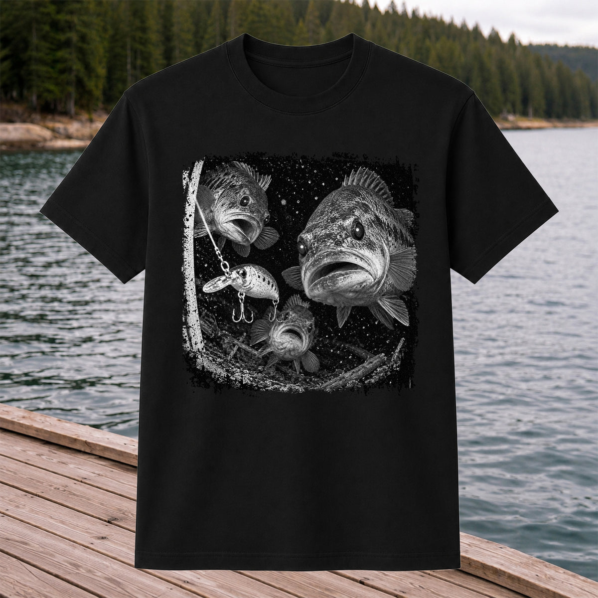 Vintage Bass Fishing Graphic T-Shirt with Underwater Fish Artwork
