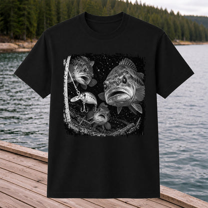Vintage Bass Fishing Graphic T-Shirt with Underwater Fish Artwork