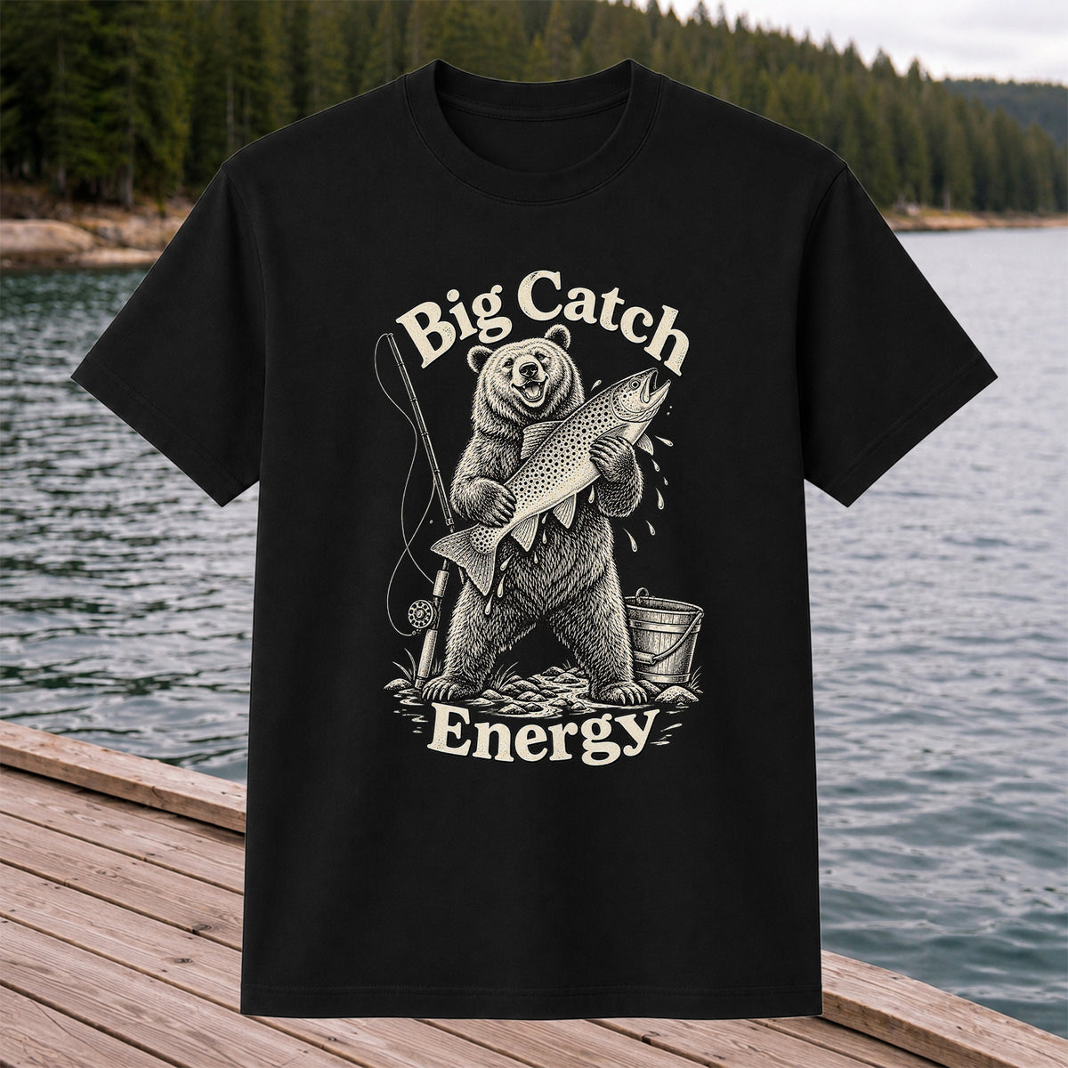 Big Catch Energy Bear and Trout Fishing T-Shirt