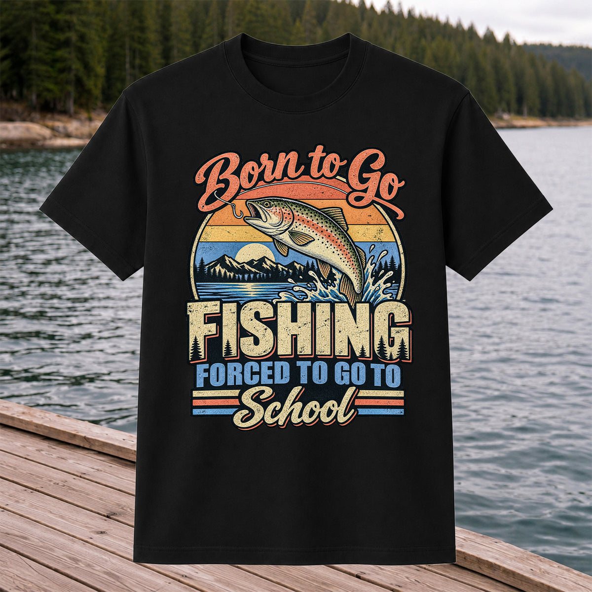 Born to Go Fishing Forced to Go to School Retro Rainbow Trout T-Shirt