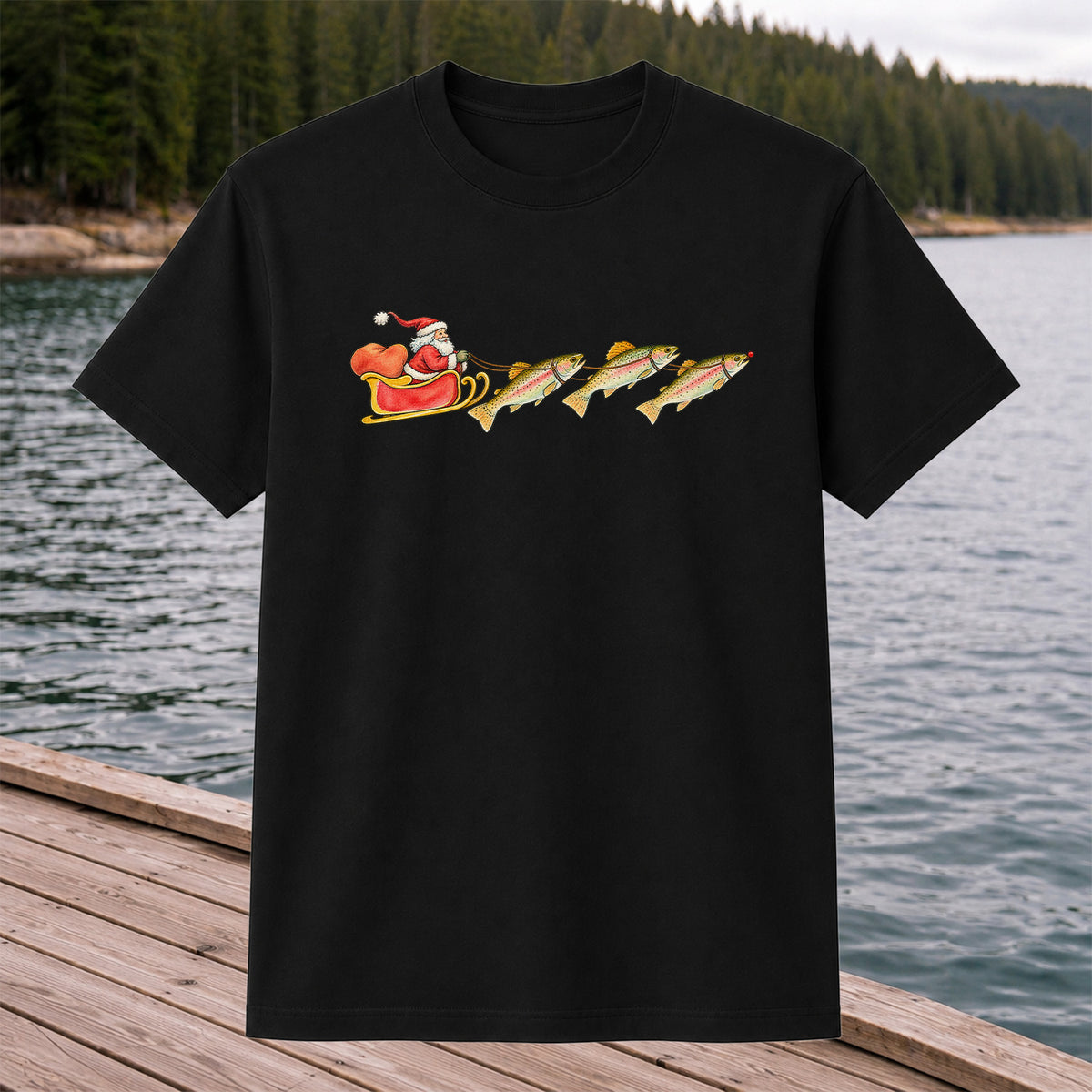 Santa Sleigh Pulling Rainbow Trout Fishing Graphic T-Shirt