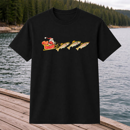 Santa Sleigh Pulling Rainbow Trout Fishing Graphic T-Shirt
