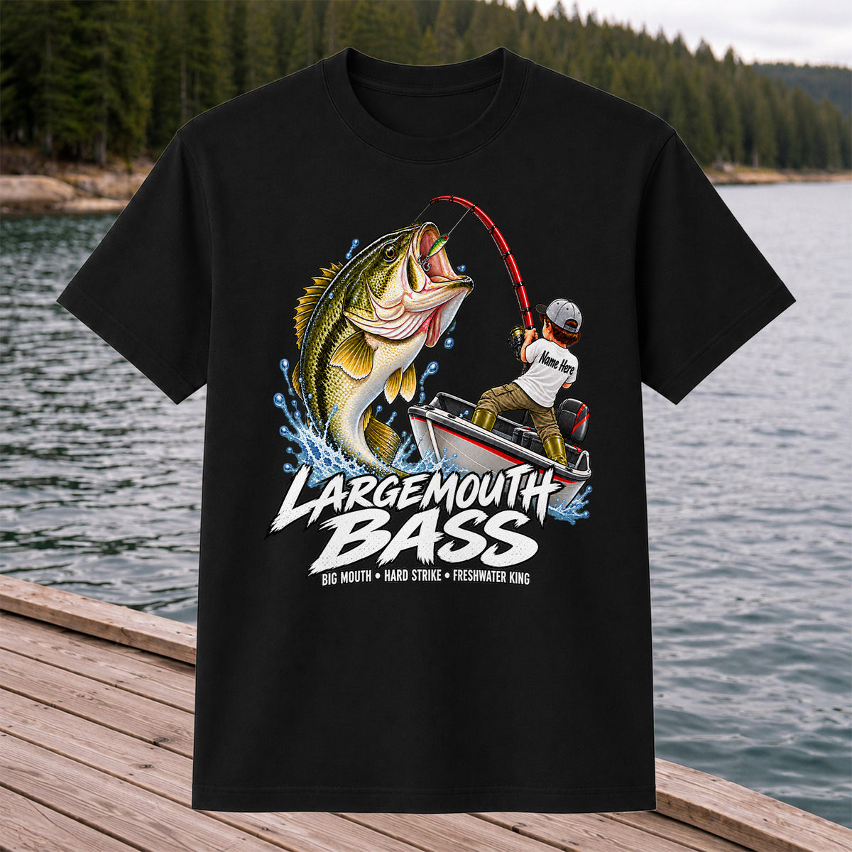 Largemouth Bass Fishing Boat Big Mouth Graphic T-Shirt