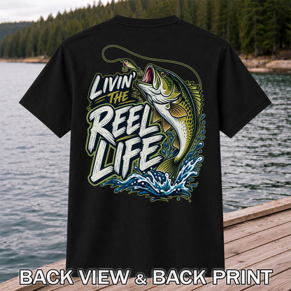 Livin' the Reel Life Jumping Bass Fishing Graphic T-Shirt | Back Print