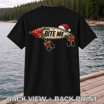 Bite Me Christmas Fishing Lure Funny Graphic T-Shirt | Back Print