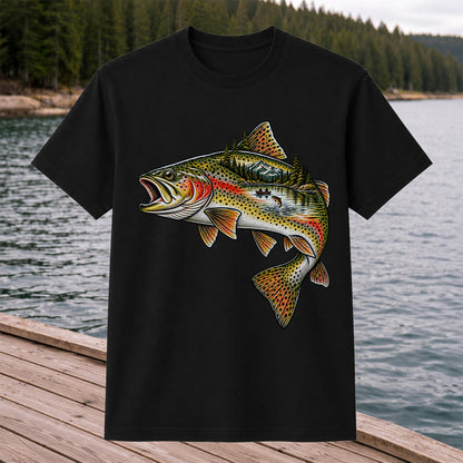 Rainbow Trout Mountain Lake Fishing Scene Graphic T-Shirt