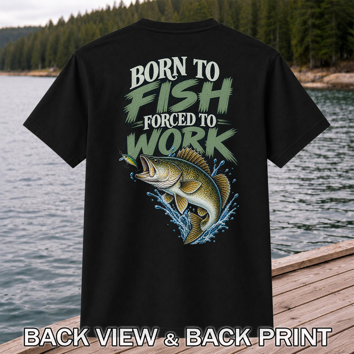 Born to Fish Forced to Work Bass Fishing T-Shirt | Back Print
