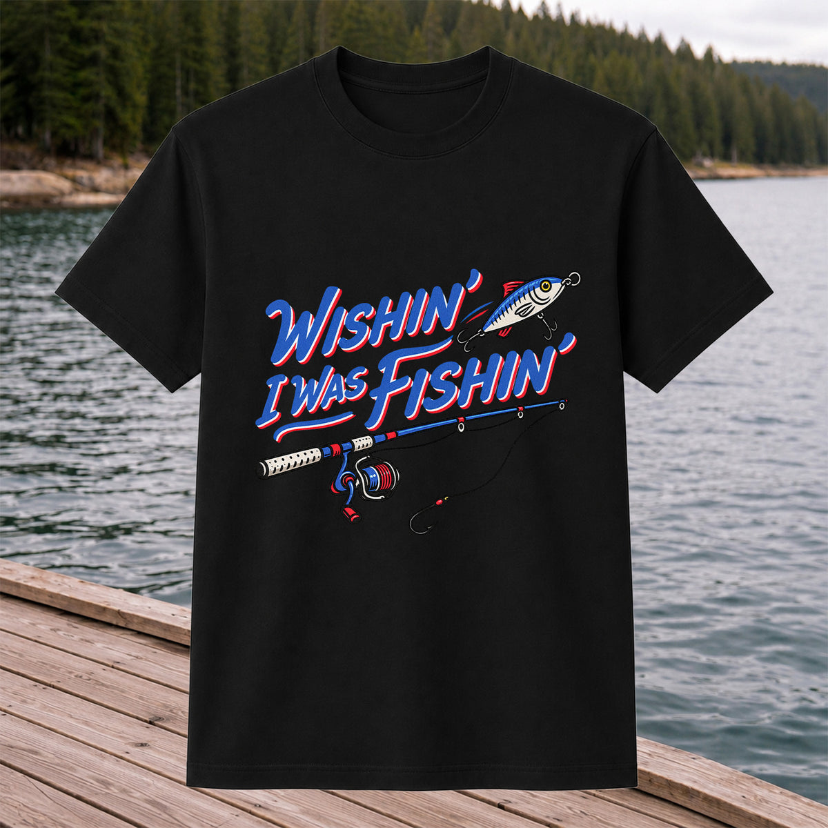 Wishin' I Was Fishin' Fishing Rod and Lure Graphic T-Shirt