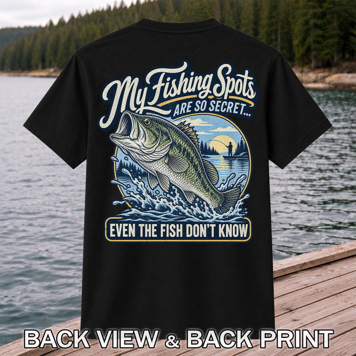 Secret Fishing Spots Largemouth Bass Graphic T-Shirt | Back Print