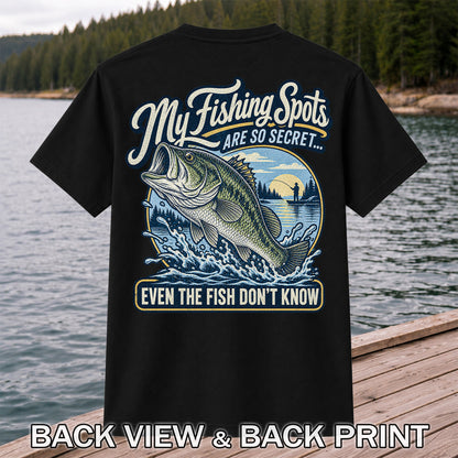 Secret Fishing Spots Largemouth Bass Graphic T-Shirt | Back Print