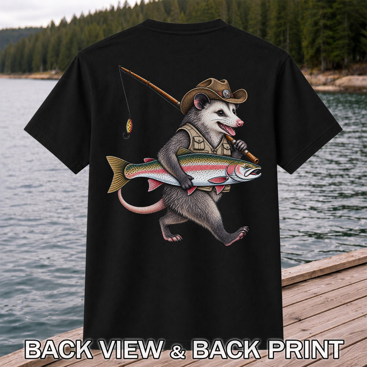 Cowboy Opossum Holding Rainbow Trout Fishing Graphic T-Shirt | Back Print