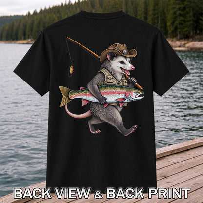 Cowboy Opossum Holding Rainbow Trout Fishing Graphic T-Shirt | Back Print