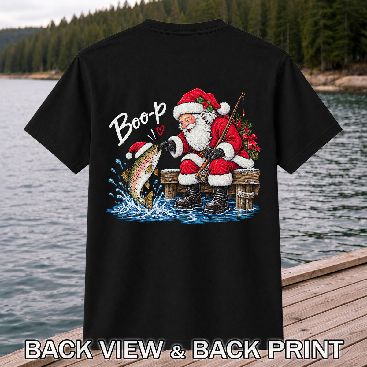 Santa Fishing for Rainbow Trout Christmas Graphic T-Shirt | Back Print