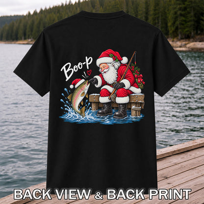 Santa Fishing for Rainbow Trout Christmas Graphic T-Shirt | Back Print