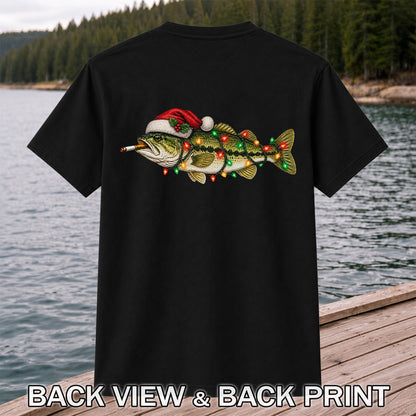 Christmas Bass Fishing Lights and Santa Hat Graphic T-Shirt | Back Print