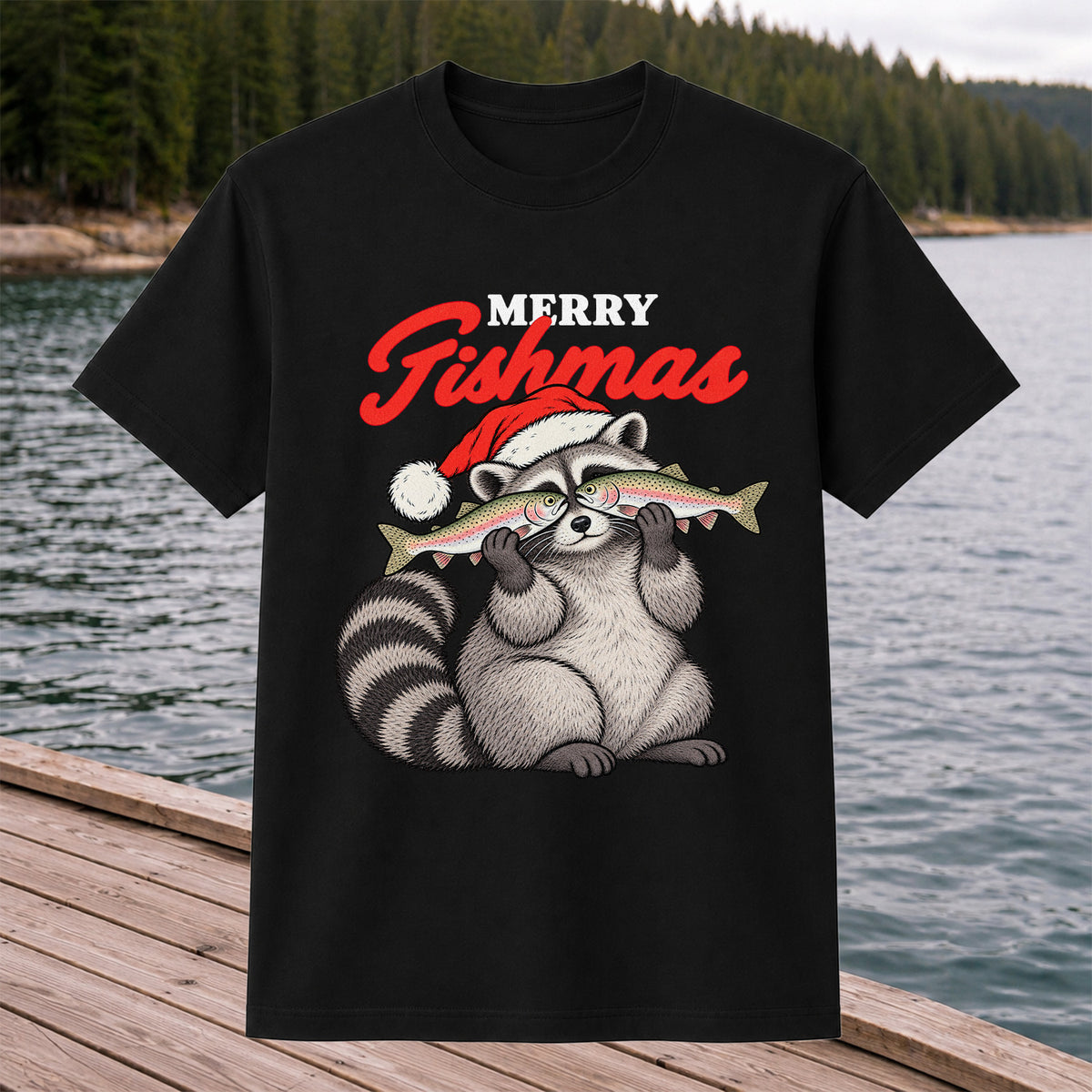 Santa Raccoon Holding Fish Christmas Fishing Graphic T-Shirt
