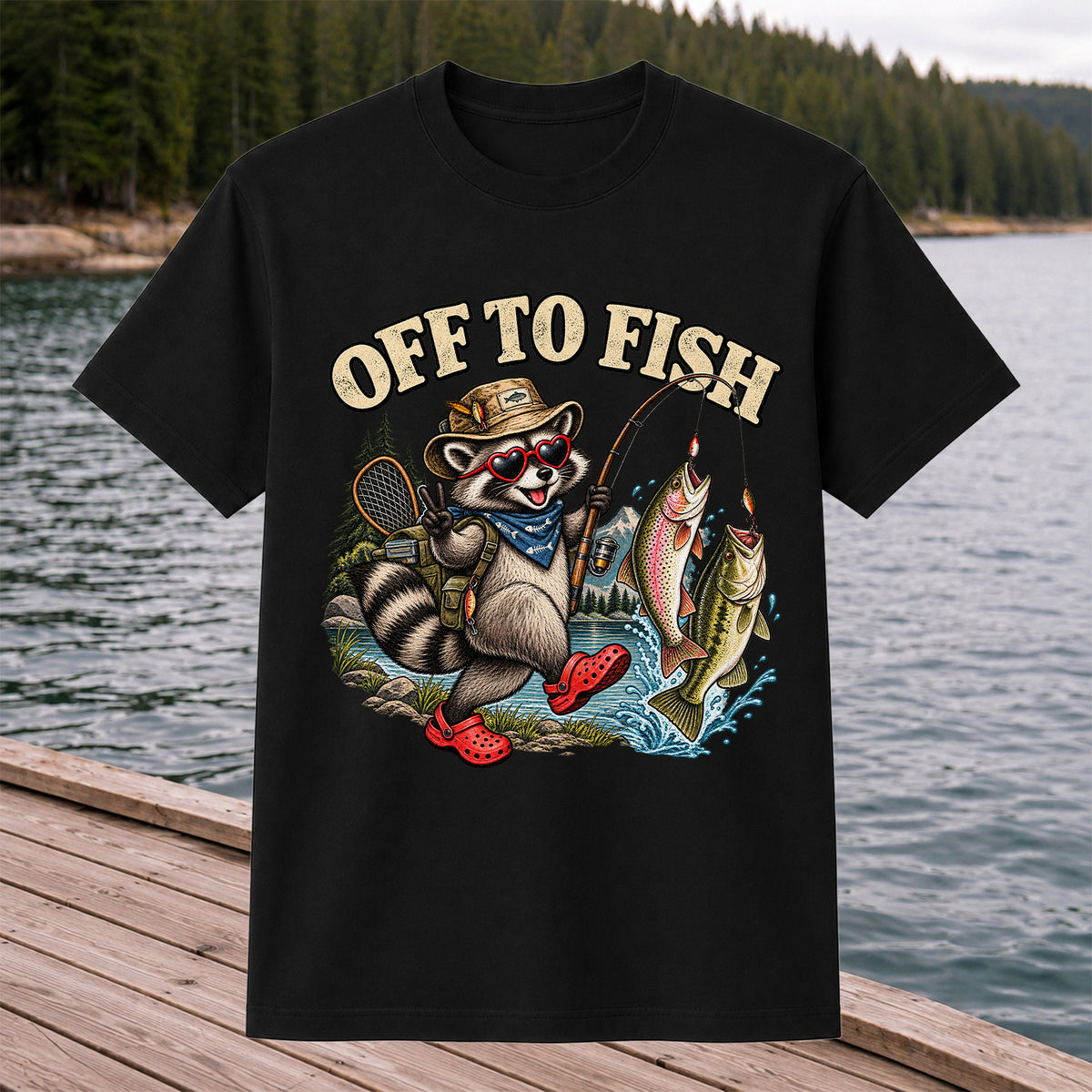 Off to Fish Raccoon with Trout and Bass Fishing T-Shirt