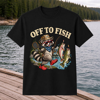 Off to Fish Raccoon with Trout and Bass Fishing T-Shirt