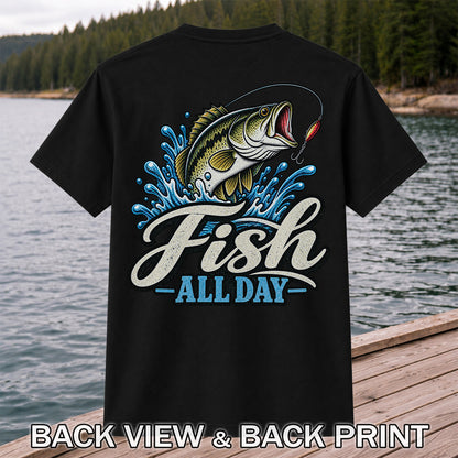 Fish All Day Jumping Bass Fishing Graphic T-Shirt | Back Print