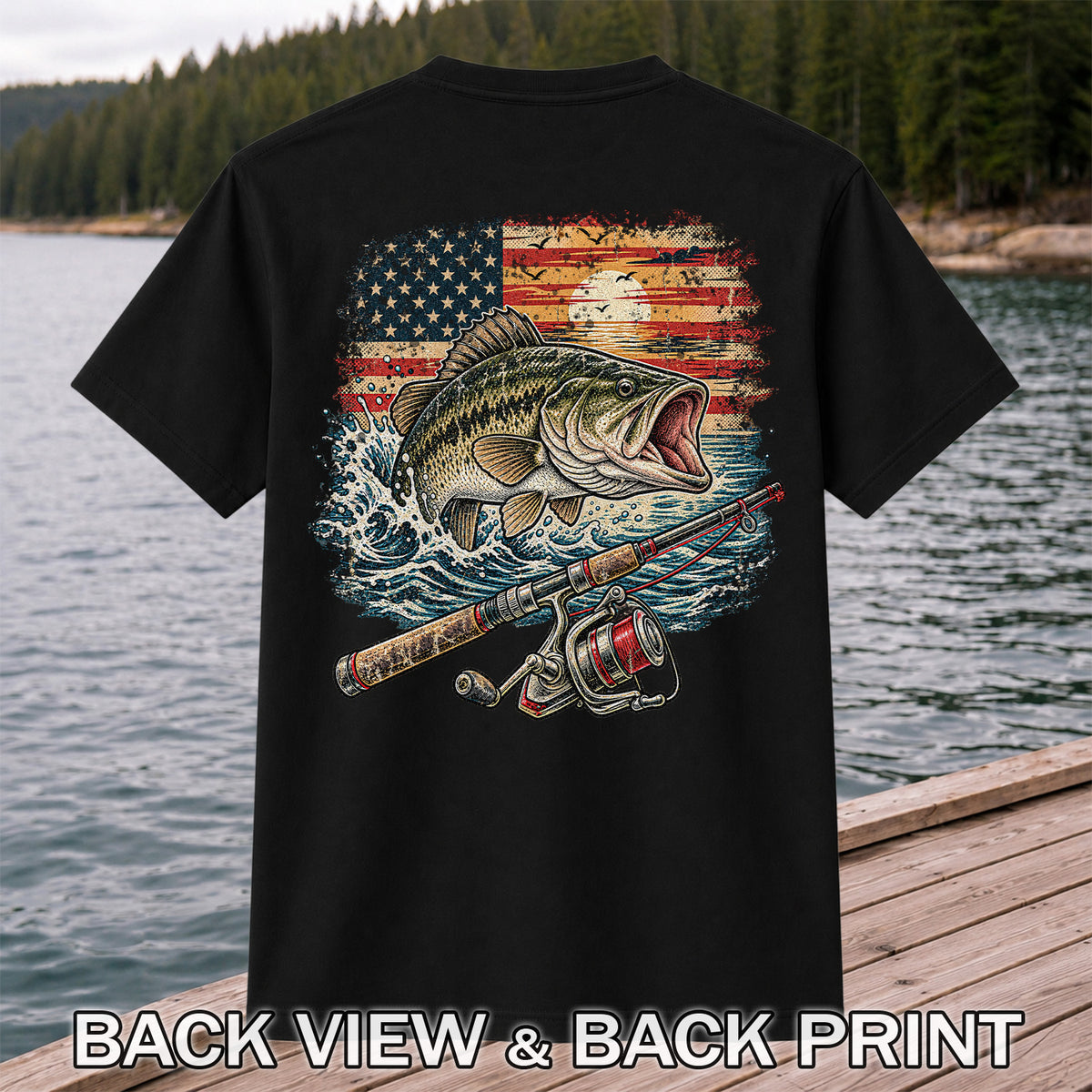 American Flag Largemouth Bass Fishing Graphic T-Shirt | Back Print