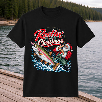 Reelin' in Christmas Santa Rainbow Trout Fishing T-Shirt