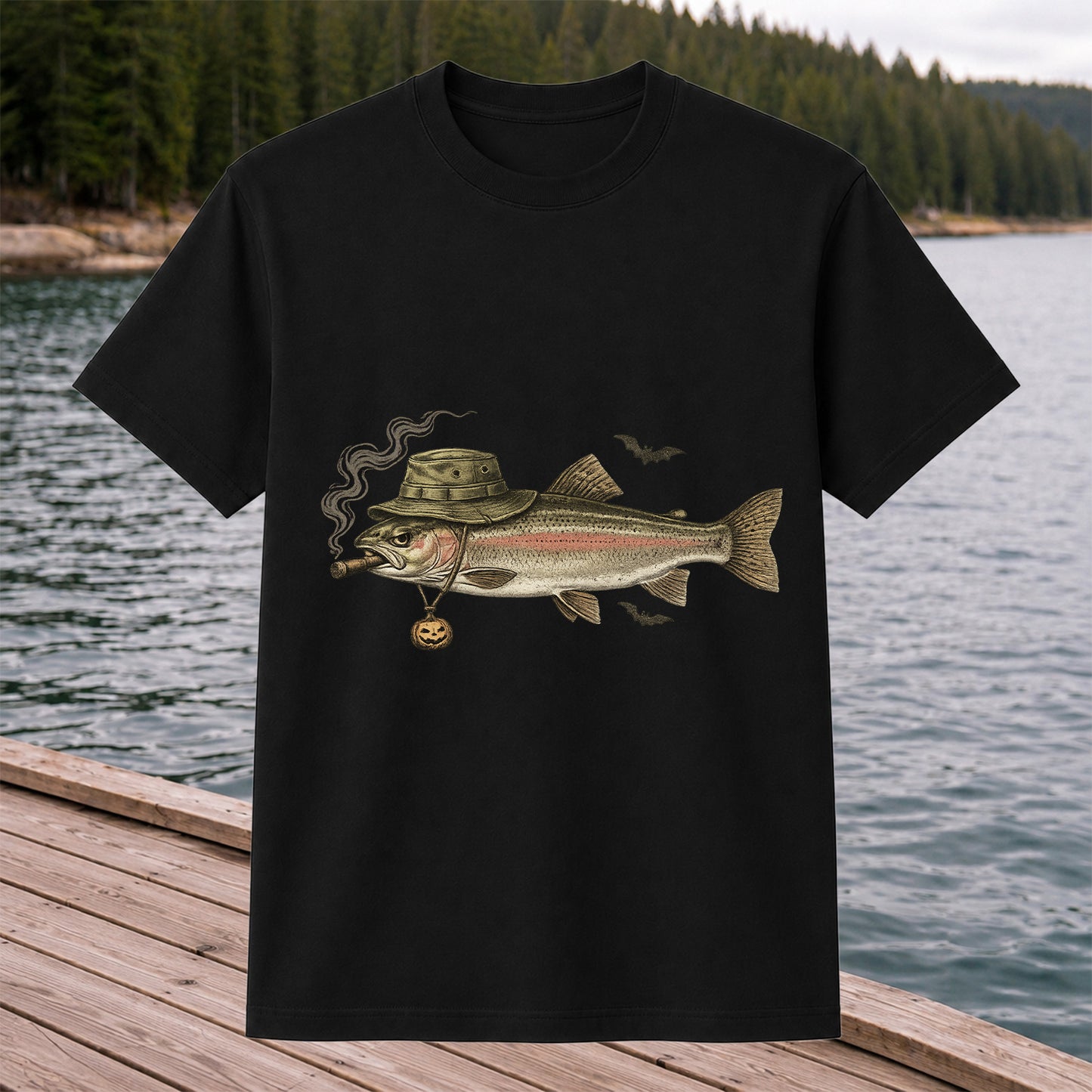 Halloween Trout in Fishing Hat with Pumpkin Charm Graphic T-Shirt