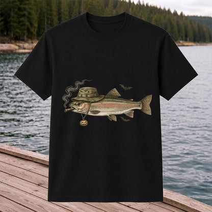Halloween Trout in Fishing Hat with Pumpkin Charm Graphic T-Shirt