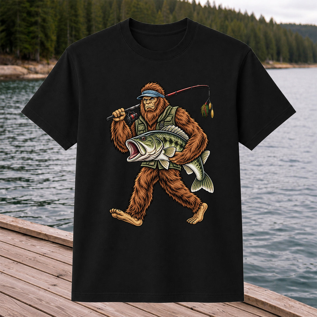 Bigfoot Holding a Largemouth Bass Fishing Graphic T-Shirt