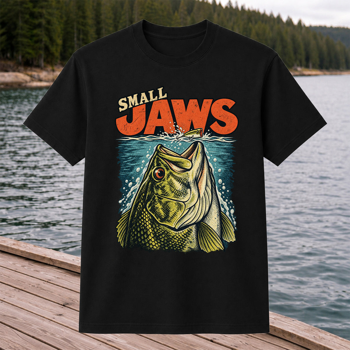 Small Jaws Bass Chasing a Fishing Lure Retro Graphic T-Shirt