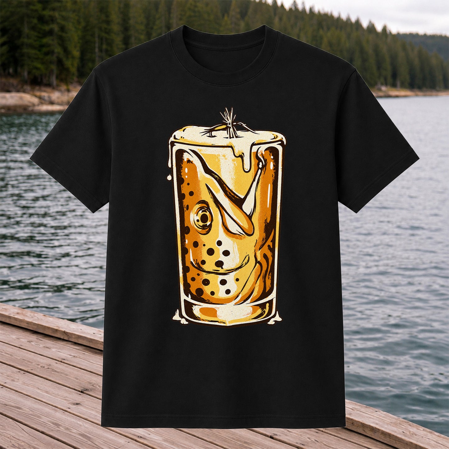 Vintage Trout in a Beer Glass Fishing Graphic T-Shirt