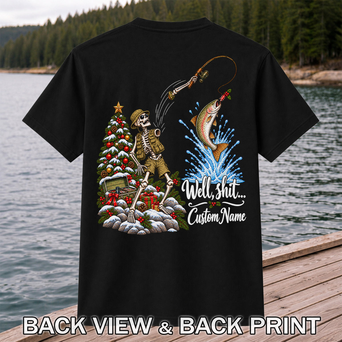 Skeleton Angler Christmas Fishing Personalized Graphic T-Shirt | Back Print