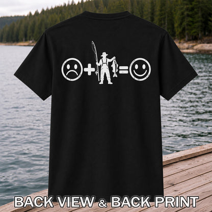 Fishing Turns Sad Face Into Happy Face Graphic T-Shirt | Back Print