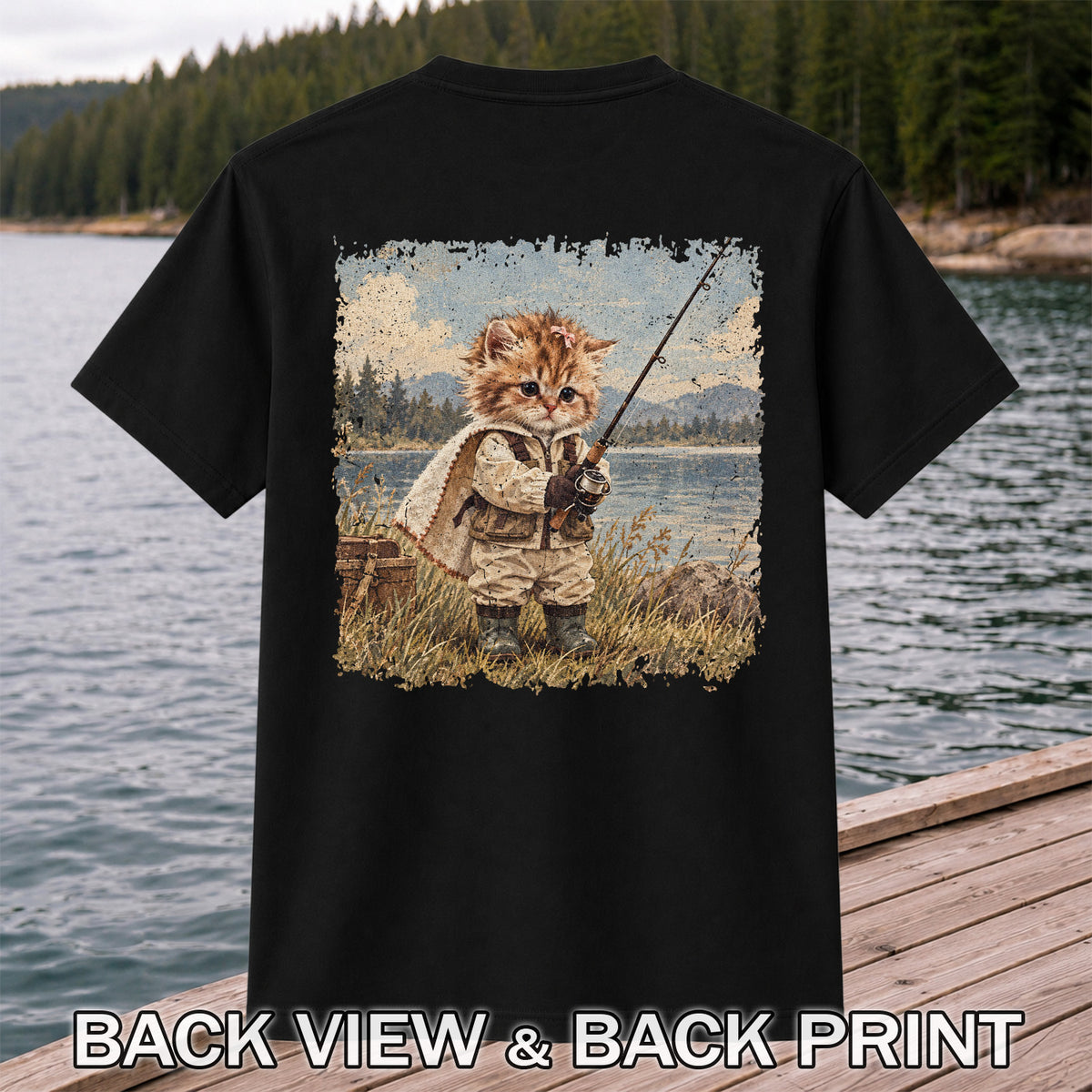 Vintage Kitten Fishing by the Lake Cute Cat Graphic T-Shirt | Back Print