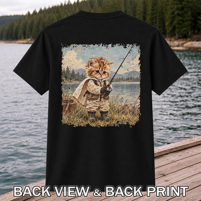 Vintage Kitten Fishing by the Lake Cute Cat Graphic T-Shirt | Back Print