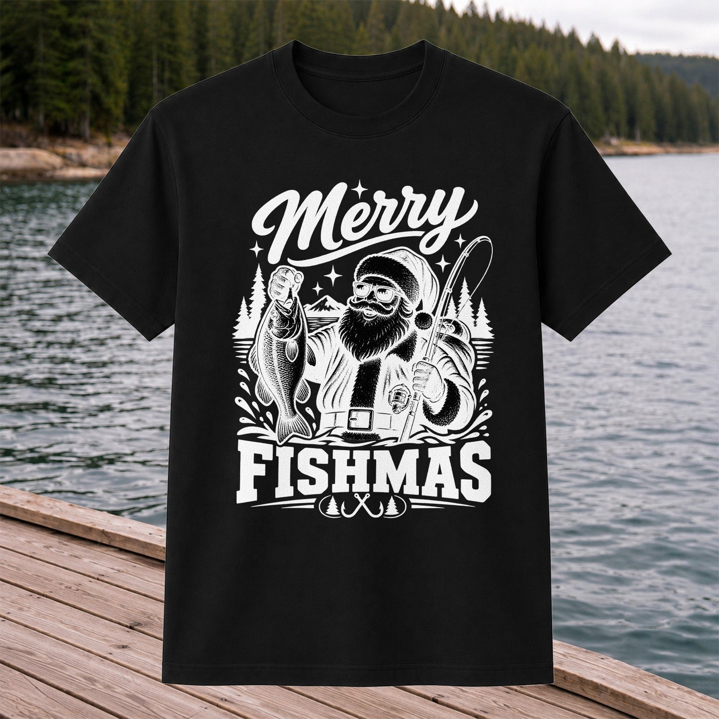 Merry Fishmas Santa Fishing Christmas Graphic T-Shirt