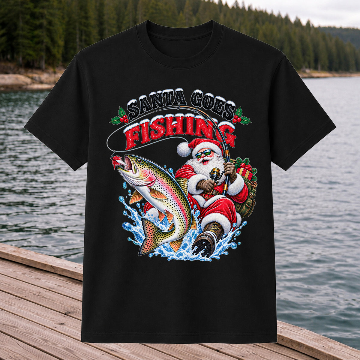 Santa Goes Fishing Rainbow Trout Christmas Graphic T-Shirt