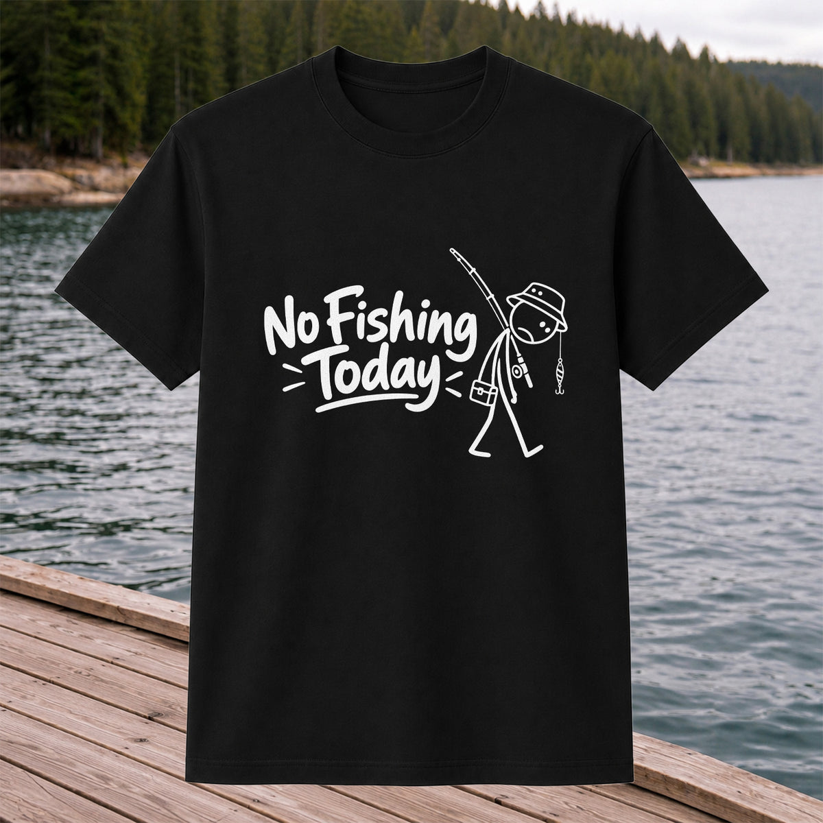 No Fishing Today Funny Stick Figure Angler Graphic T-Shirt