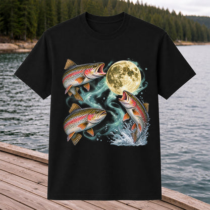 Rainbow Trout Under the Full Moon Fishing Graphic T-Shirt