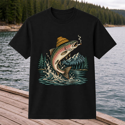 Rainbow Trout in Beanie Smoking and Jumping from Lake Graphic T-Shirt