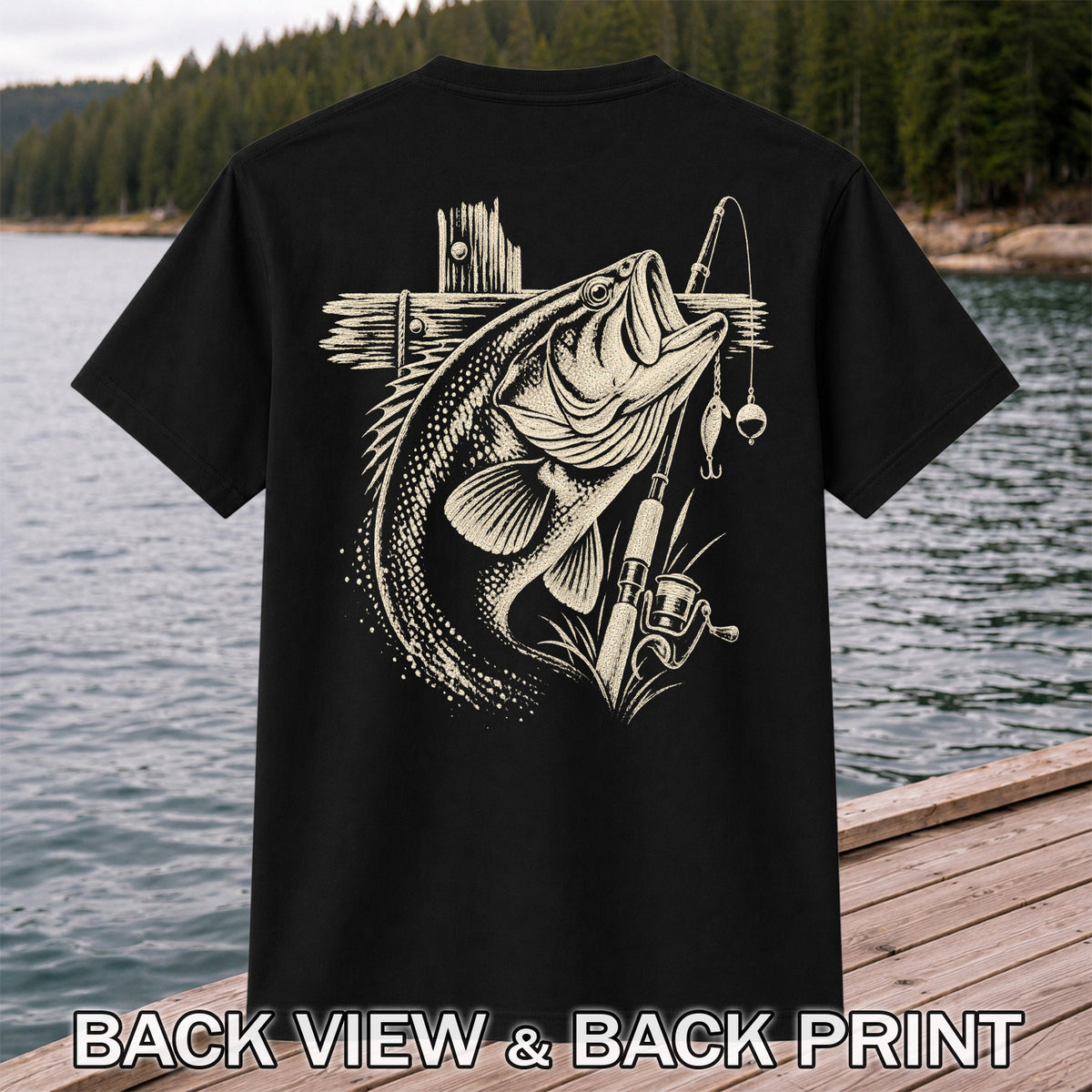 Largemouth Bass Fishing Rod Vintage Graphic T-Shirt | Back Print