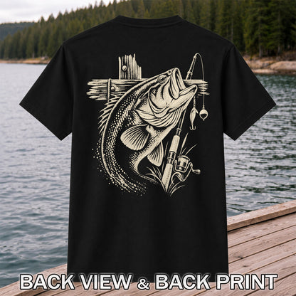 Largemouth Bass Fishing Rod Vintage Graphic T-Shirt | Back Print